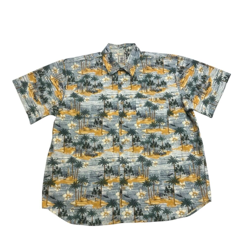 Roundtree & Yorke Hawaiian Shirt Mens XL Cars Surfing Floral Button Up